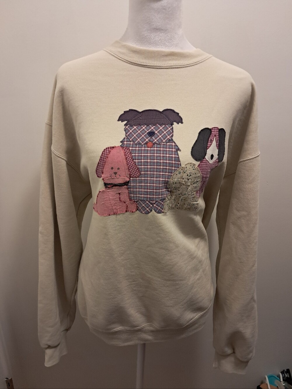 Vtg Jerzees Crewneck Pullover Sweater Large L Dog Applique Embroidered Retro